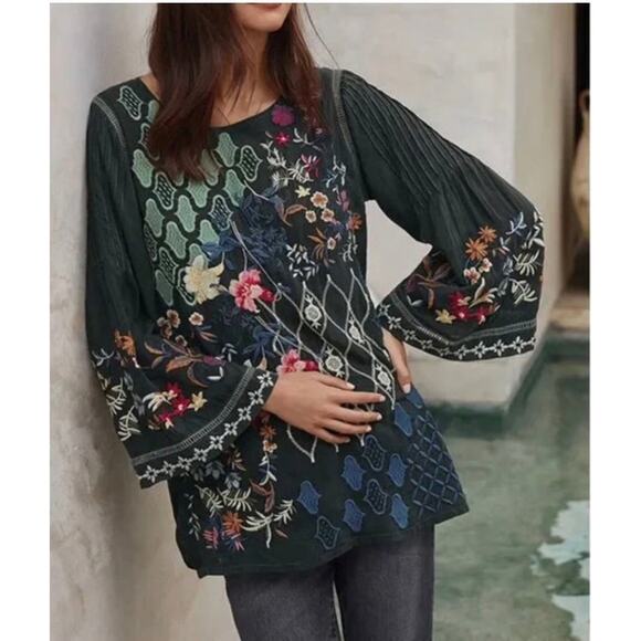 Johnny Was Esmerelda Tunic Floral Iron Steel Grey Embroidered Boho Womens Small - Picture 1 of 9